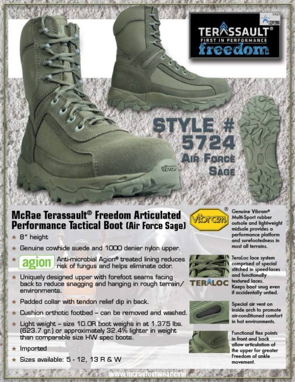 Terassault Freedom boot weighs 32% less than standard issue boots.